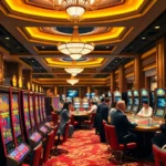 A lively casino scene showcasing vibrant slot machines and poker tables, highlighting the gaming excitement available at https://shbetb0.com/.